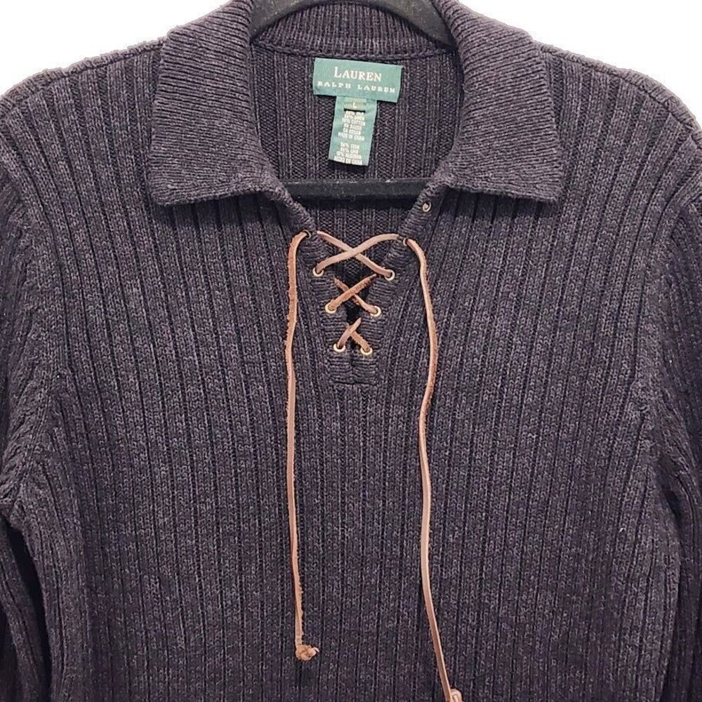 Ralph Lauren Women’s Silk Blend Leather Tie Neck Pullover Sweater Large - Picture 2 of 10